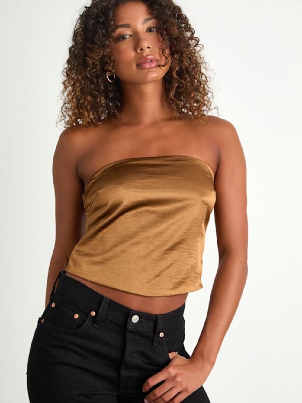 Lulus Devine Bronze Satin Strapless Crop Top Gold - Size M